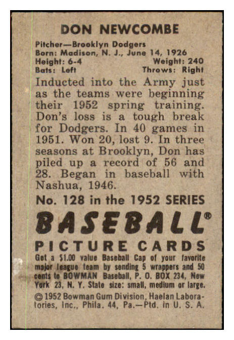 1952 Bowman Baseball #128 Don Newcombe Dodgers EX-MT 491108