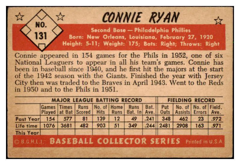 1953 Bowman Color Baseball #131 Connie Ryan Phillies VG 491552