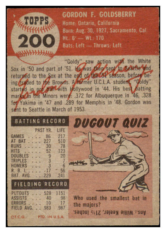 1953 Topps Baseball #200 Gordon Goldsberry Browns EX-MT 491755