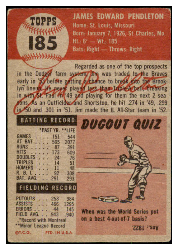 1953 Topps Baseball #185 Jim Pendleton Braves VG-EX 491766