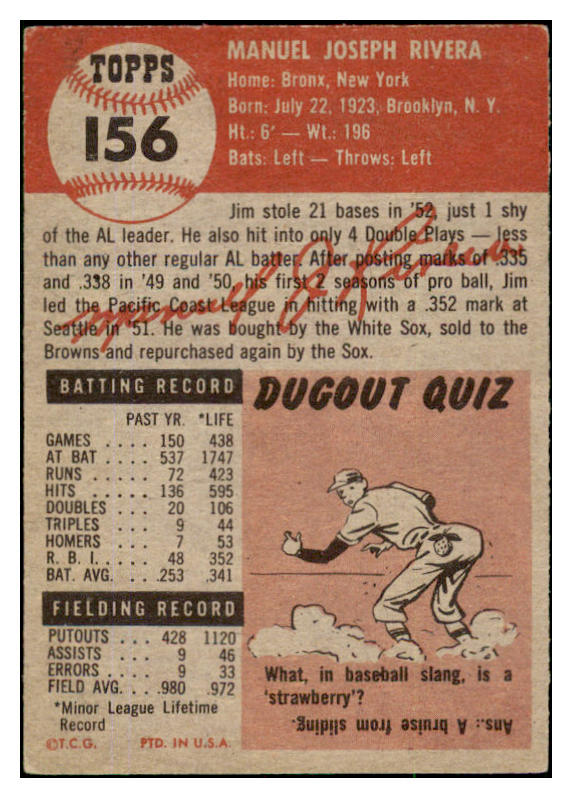 1953 Topps Baseball #156 Jim Rivera White Sox EX 491788