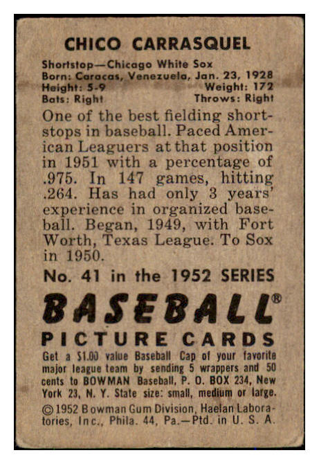 1952 Bowman Baseball #041 Chico Carrasquel White Sox VG-EX 491973