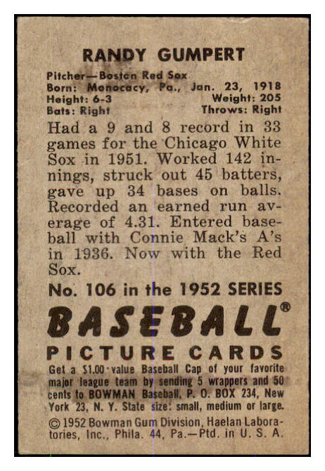 1952 Bowman Baseball #106 Randy Gumpert Red Sox NR-MT 492021