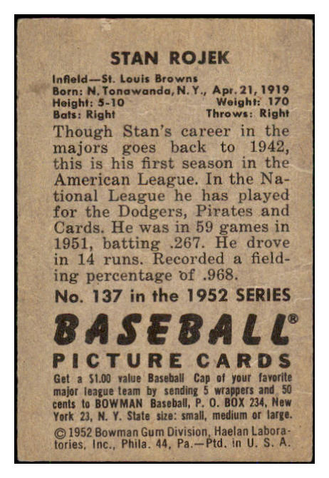 1952 Bowman Baseball #137 Stan Rojek Browns GD-VG 492057