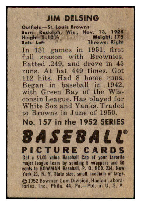 1952 Bowman Baseball #157 Jim Delsing Browns NR-MT 492077