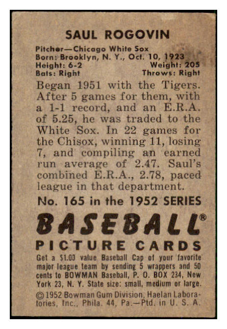 1952 Bowman Baseball #165 Saul Rogovin White Sox EX 492085