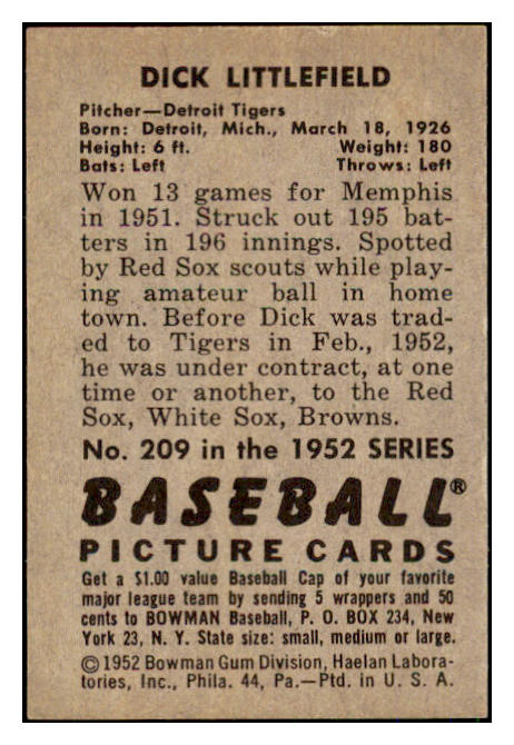 1952 Bowman Baseball #209 Dick Littlefield Tigers EX-MT 492141