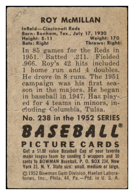 1952 Bowman Baseball #238 Roy McMillan Reds GD-VG 492172