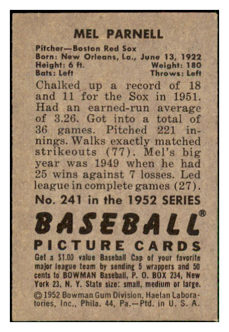 1952 Bowman Baseball #241 Mel Parnell Red Sox EX 492174