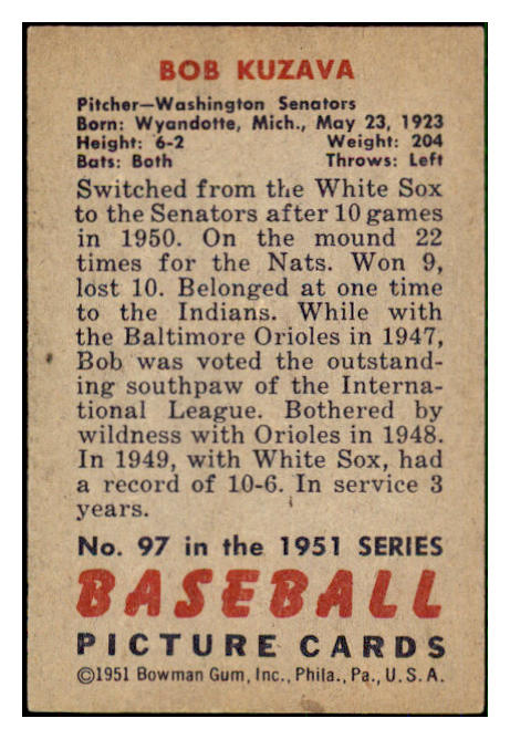 1951 Bowman Baseball #097 Bob Kuzava Senators EX-MT 492182
