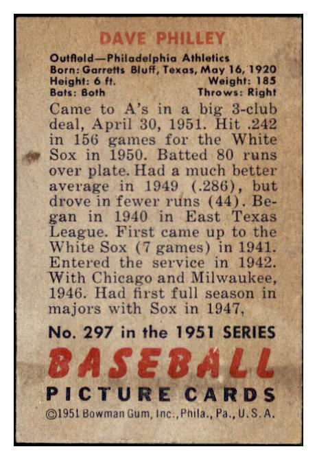 1951 Bowman Baseball #297 Dave Philley A's VG-EX 492190