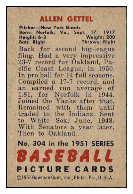 1951 Bowman Baseball #304 Allen Gettel Giants EX-MT 492193