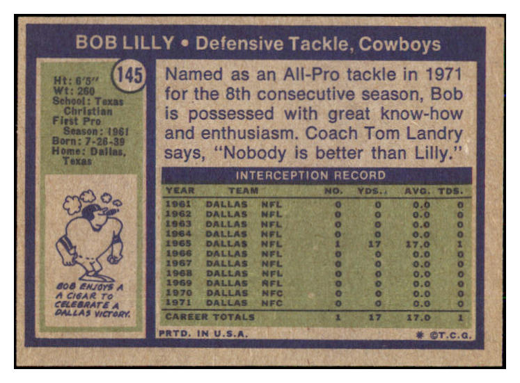 1972 Topps Football #145 Bob Lilly Cowboys EX-MT 492285