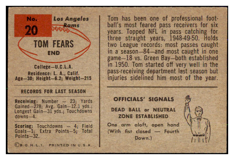 1954 Bowman Football #020 Tom Fears Rams EX 492450