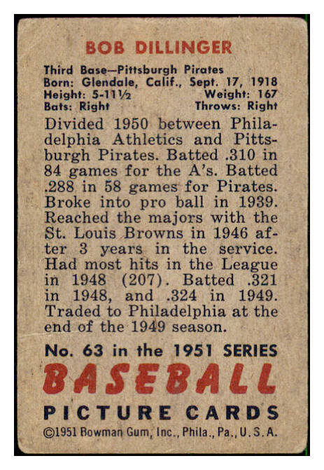 1951 Bowman Baseball #063 Bob Dillinger Pirates VG 492552