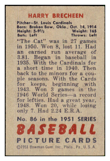 1951 Bowman Baseball #086 Harry Brecheen Cardinals EX-MT 492573