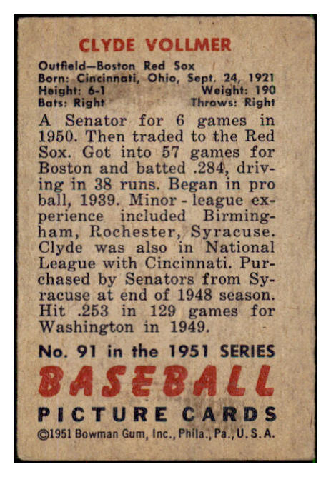 1951 Bowman Baseball #091 Clyde Vollmer Red Sox VG-EX 492578
