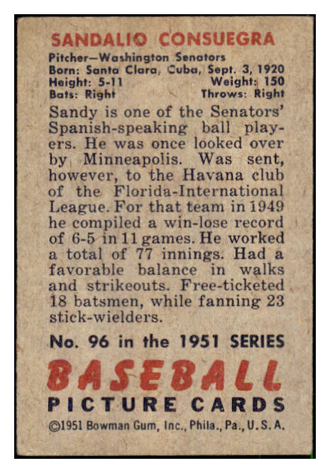 1951 Bowman Baseball #096 Sandy Consuegra Senators VG-EX 492583