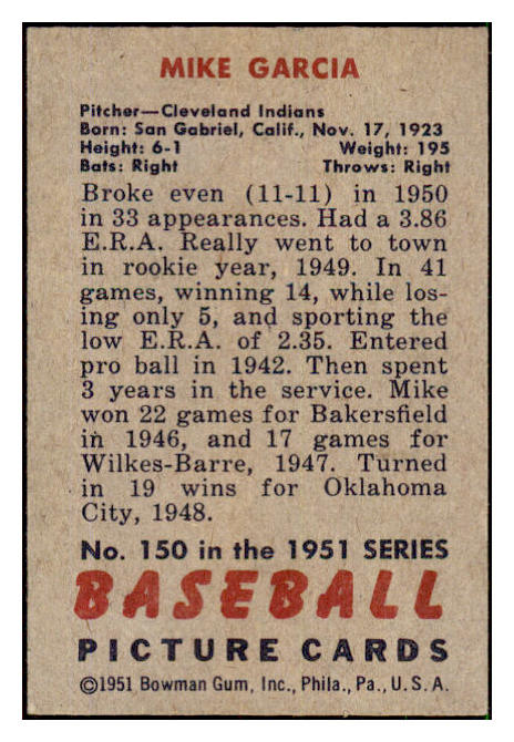 1951 Bowman Baseball #150 Mike Garcia Indians EX-MT 492630