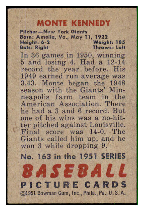 1951 Bowman Baseball #163 Monte Kennedy Giants EX-MT 492642