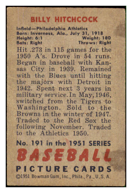 1951 Bowman Baseball #191 Billy Hitchcock A's VG 492665