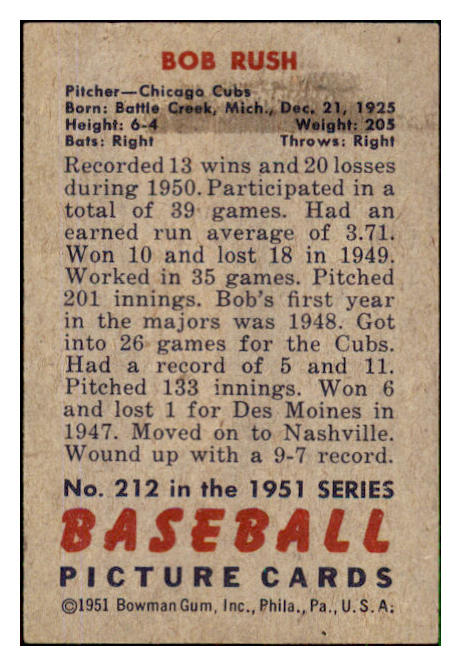 1951 Bowman Baseball #212 Bob Rush Cubs EX-MT 492682