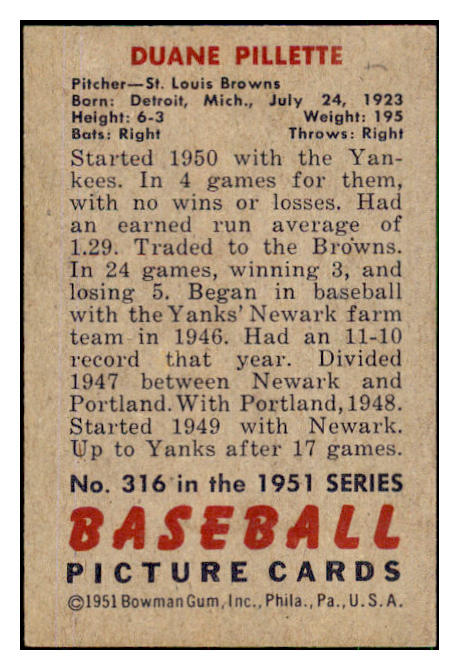 1951 Bowman Baseball #316 Duane Pillette Browns VG-EX 492728