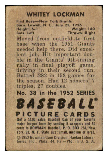 1952 Bowman Baseball #038 Whitey Lockman Giants VG 492777