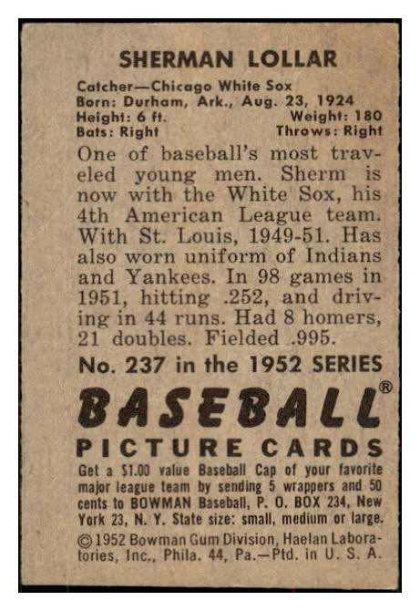 1952 Bowman Baseball #237 Sherm Lollar White Sox GD-VG 492973