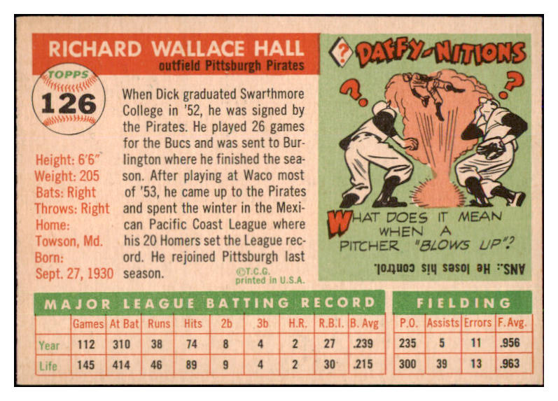 1955 Topps Baseball #126 Dick Hall Pirates EX-MT 493736