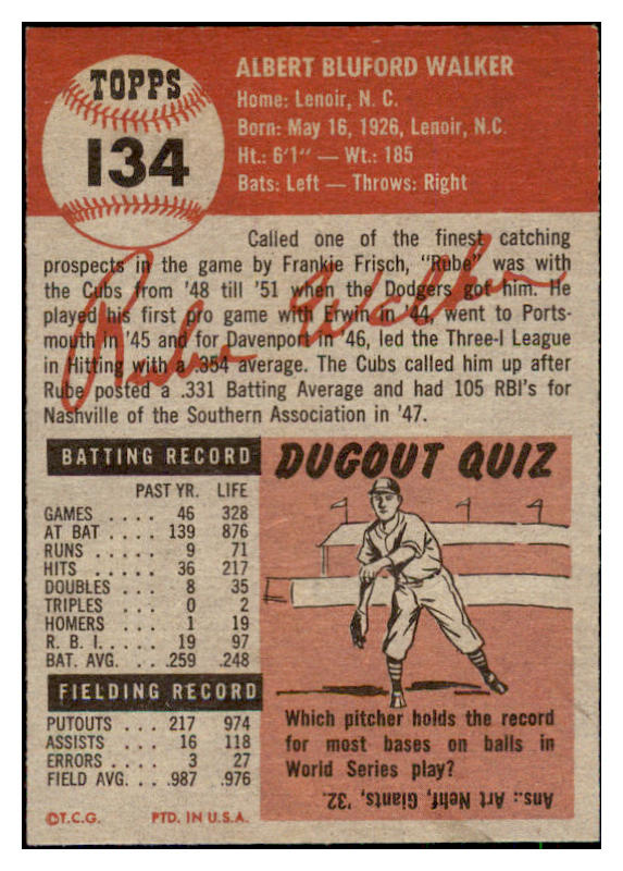 1953 Topps Baseball #134 Rube Walker Dodgers EX+/EX-MT 494136
