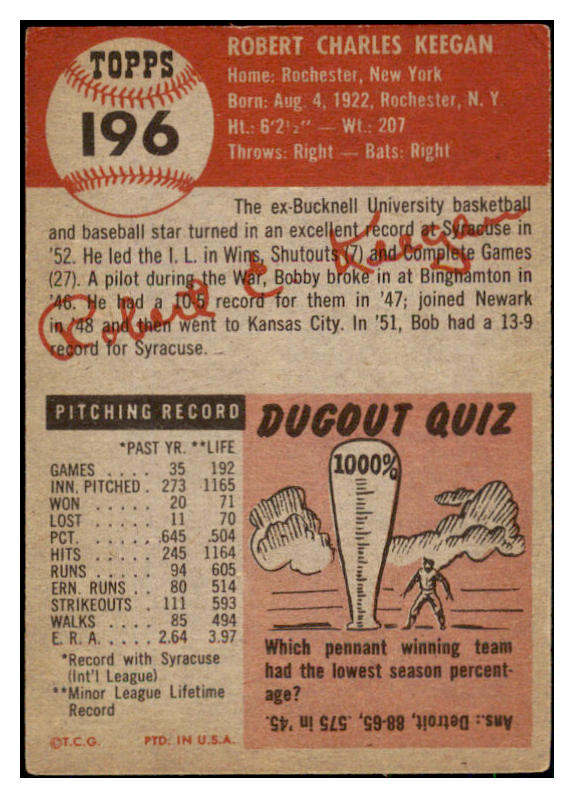 1953 Topps Baseball #196 Bob Keegan White Sox EX 494149