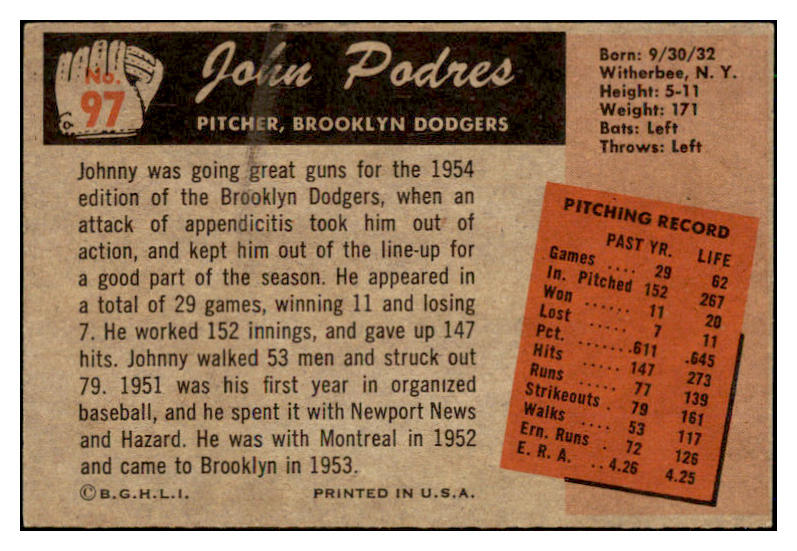 1955 Bowman Baseball #097 Johnny Podres Dodgers EX-MT 494178