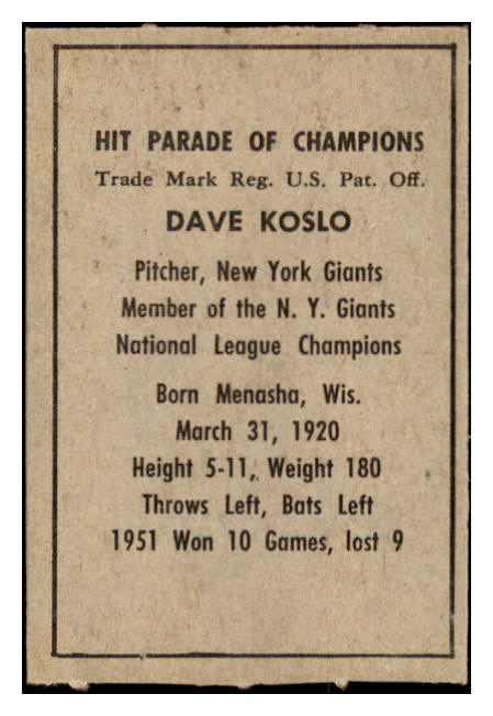 1952 Berk Ross Dave Koslo Giants NR-MT 494650