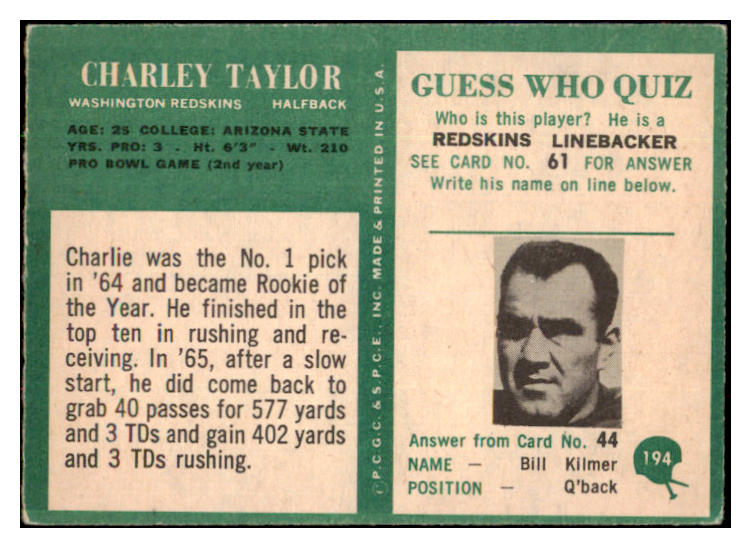 1966 Philadelphia Football #194 Charley Taylor Washington VG-EX 495314