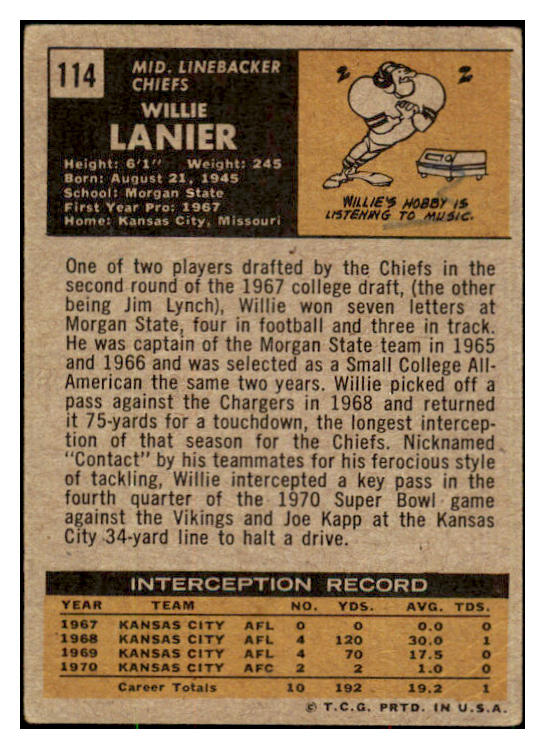 1971 Topps Football #114 Willie Lanier Chiefs GD-VG 495318