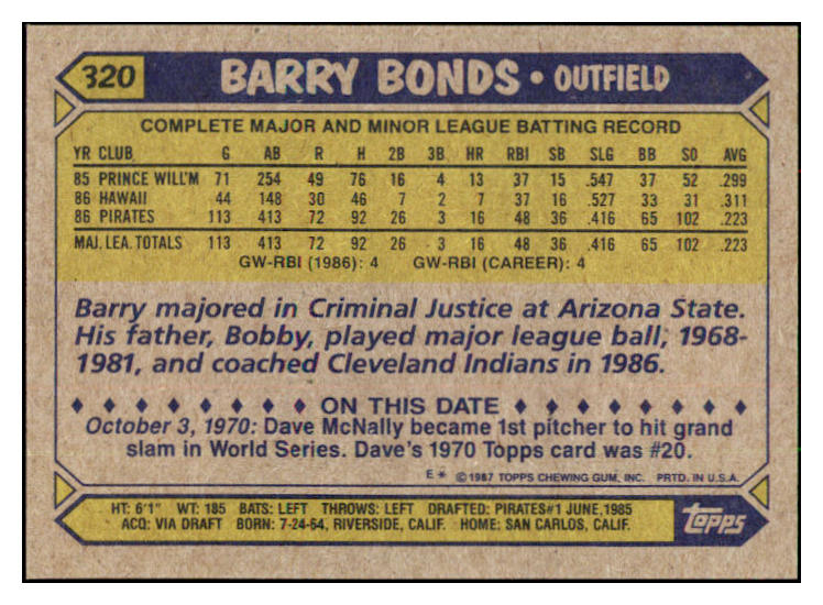 1987 Topps #320 Barry Bonds Pirates EX-MT 495377