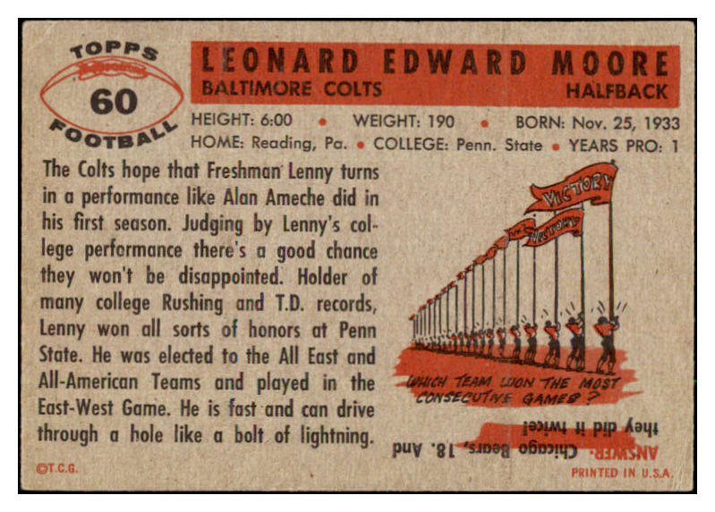 1956 Topps Football #060 Lenny Moore Colts VG 495427
