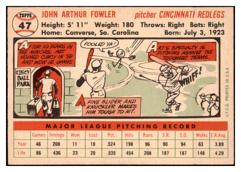 1956 Topps Baseball #047 Art Fowler Reds NR-MT White 495511