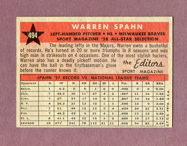 1958 Topps Baseball #494 Warren Spahn A.S. Braves NR-MT 495796