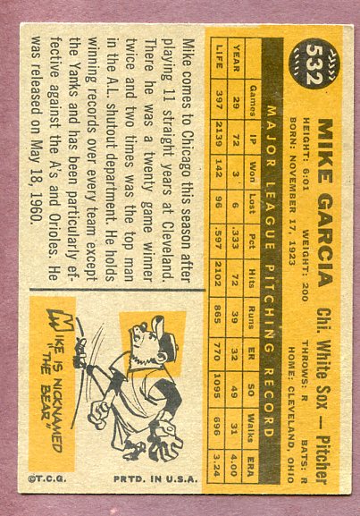 1960 Topps Baseball #532 Mike Garcia White Sox EX 496294