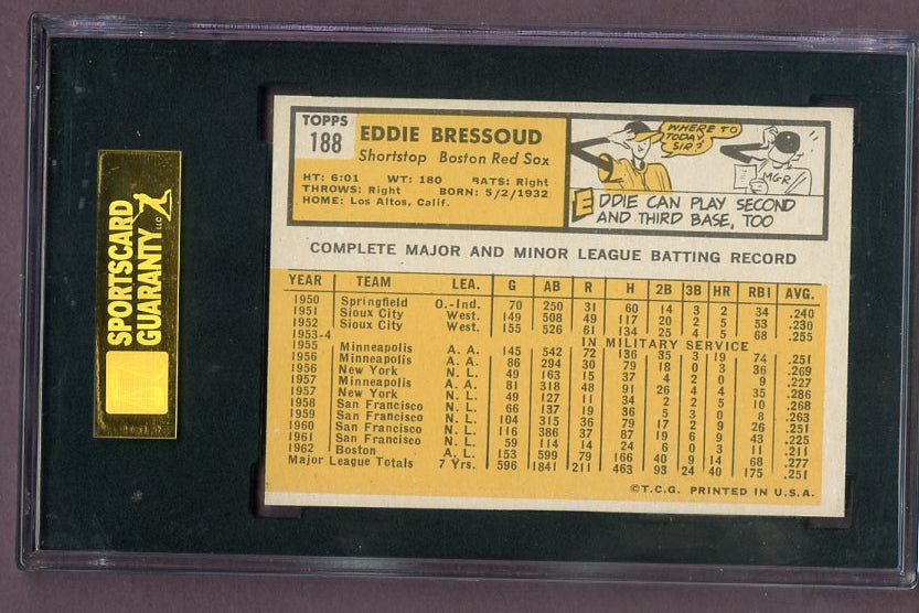1963 Topps Baseball #188 Eddie Bressoud Red Sox SGC 8 NM/MT 496540