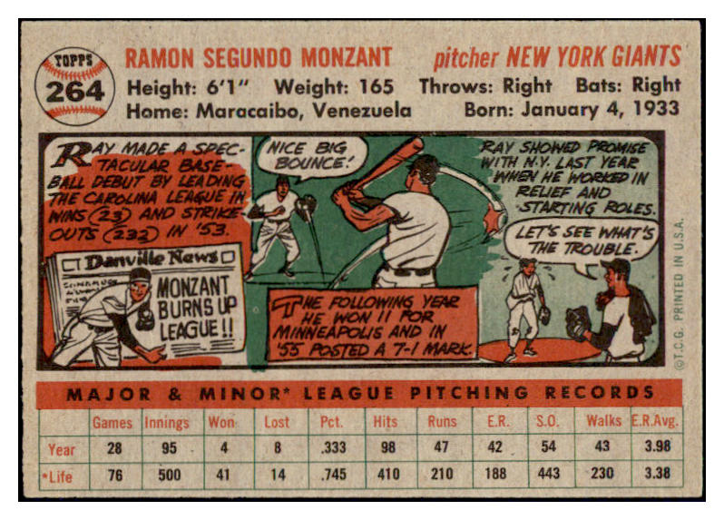 1956 Topps Baseball #264 Ray Monzant Giants NR-MT 496819