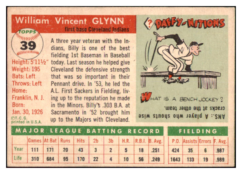 1955 Topps Baseball #039 Bill Glynn Indians EX-MT 497014