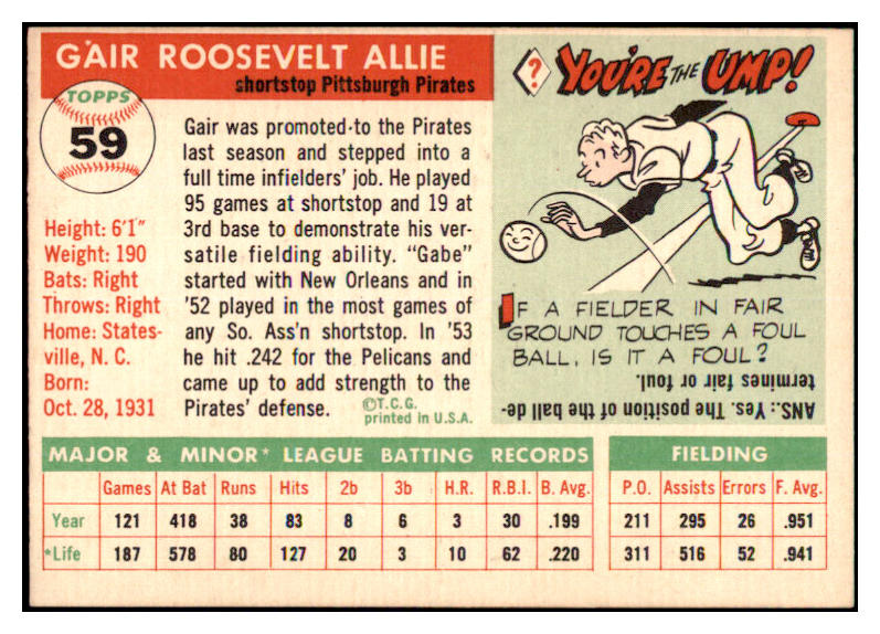 1955 Topps Baseball #059 Gair Allie Pirates NR-MT 497055