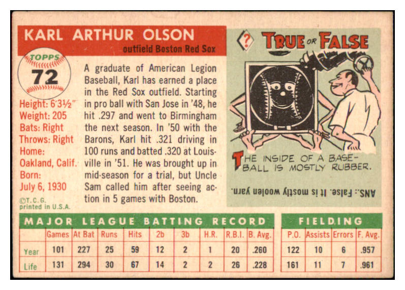 1955 Topps Baseball #072 Karl Olson Red Sox EX-MT 497072