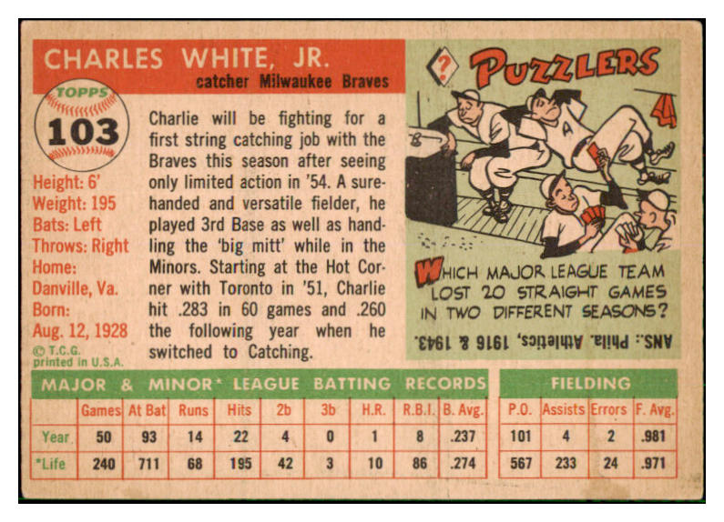 1955 Topps Baseball #103 Charlie White Braves EX-MT 497128