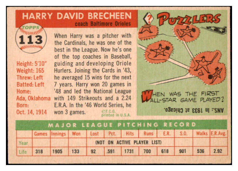 1955 Topps Baseball #113 Harry Brecheen Orioles NR-MT 497149