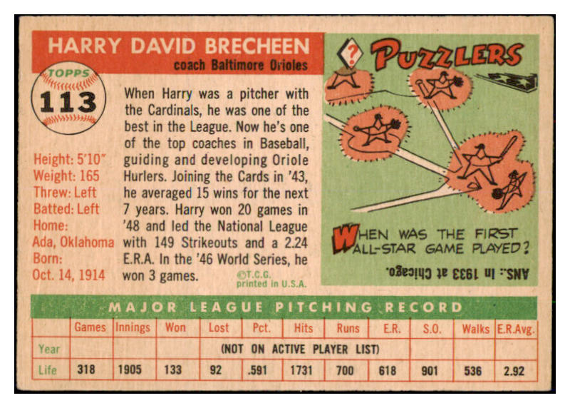1955 Topps Baseball #113 Harry Brecheen Orioles EX-MT 497150