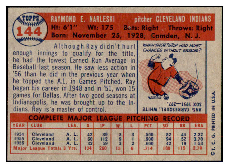 1957 Topps Baseball #144 Ray Narleski Indians NR-MT 497358